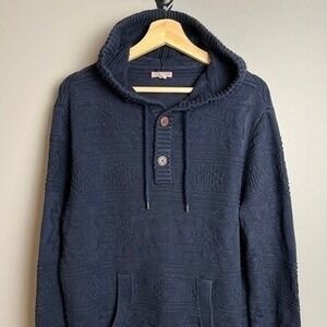 Preppy Pullover Mens Medium Navy Knit Henley Hoodie Button‎ Neck
